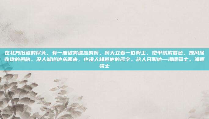 在北方旧道的尽头,有一座被雾遗忘的桥。桥头立着一位骑士,铠甲锈成暮色,披风像收拢的翅膀。没人知道他从哪来,也没人知道他的名字。旅人只叫他—海德骑士。海德骑士
