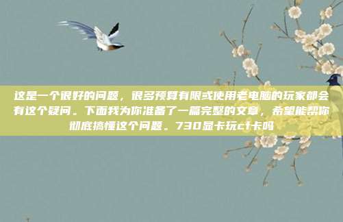 这是一个很好的问题,很多预算有限或使用老电脑的玩家都会有这个疑问。下面我为你准备了一篇完整的文章,希望能帮你彻底搞懂这个问题。730显卡玩cf卡吗