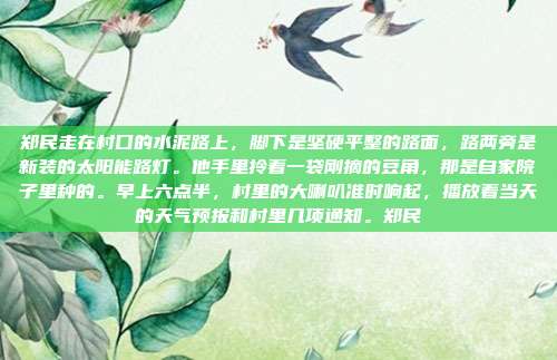 郑民走在村口的水泥路上，脚下是坚硬平整的路面，路两旁是新装的太阳能路灯。他手里拎着一袋刚摘的豆角，那是自家院子里种的。早上六点半，村里的大喇叭准时响起，播放着当天的天气预报和村里几项通知。郑民