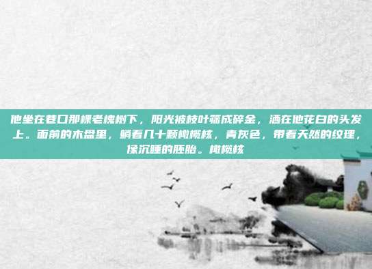 他坐在巷口那棵老槐树下，阳光被枝叶筛成碎金，洒在他花白的头发上。面前的木盘里，躺着几十颗橄榄核，青灰色，带着天然的纹理，像沉睡的胚胎。橄榄核