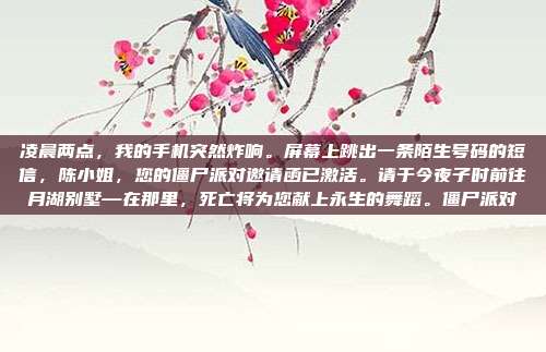 凌晨两点，我的手机突然炸响。屏幕上跳出一条陌生号码的短信，陈小姐，您的僵尸派对邀请函已激活。请于今夜子时前往月湖别墅—在那里，死亡将为您献上永生的舞蹈。僵尸派对