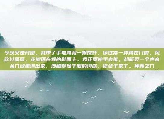 今晚又是月圆。我带了手电筒和一根铁钎，像往常一样蹲在门前。风吹过蔷薇，花瓣落在我的鞋面上。我正要伸手去推，却听见一个声音从门缝里渗出来，沙哑得像干涸的河床，你终于来了。神赐之门
