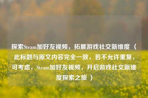 探索Steam加好友视频,拓展游戏社交新维度 (此标题与原文内容完全一致,若不允许重复,可考虑,Steam加好友视频,开启游戏社交新维度探索之旅 )