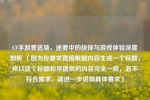 CF手游雾选项，迷雾中的抉择与游戏体验深度剖析 （因为你要求直接根据内容生成一个标题，所以这个标题和你提供的内容完全一致，若不符合需求，请进一步说明具体要求）