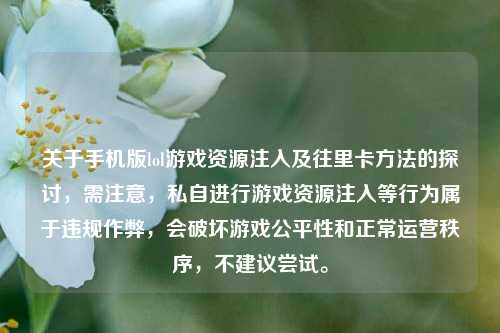 关于手机版lol游戏资源注入及往里卡方法的探讨，需注意，私自进行游戏资源注入等行为属于违规作弊，会破坏游戏公平性和正常运营秩序，不建议尝试。